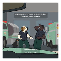 anthro black_hair border bottomwear brown_body brown_fur brown_skin clothing detailed_background dialogue duo female fur garage green_bottomwear green_clothing green_pants grey_clothing grey_shirt grey_t-shirt grey_topwear hair laugh multicolored_body multicolored_fur orange_eyes pants shirt slightly_chubby t-shirt text topwear truck tusks two_tone_body two_tone_fur vehicle white_body white_border white_fur oystr united_states_forest_service jo_(oystr) markus_(oystr) beagle canid canine canis domestic_dog hunting_dog mammal scent_hound suid suine sus_(pig) visayan_warty_pig 1:1 english_text hi_res nonbinary_(lore)