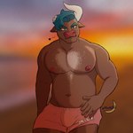 anthro beach beach_background blue_eyes blue_hair bovid_horn bovine_horn broken_horn bull_horn clothing hair horn male muscular muscular_male nipples pecs solo swimming_trunks swimwear moonyplots samwell_moony bovid bovine cattle mammal 1:1