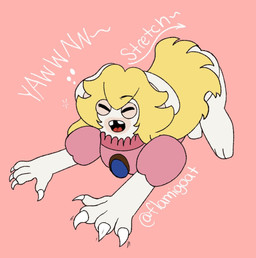 3_toes 4_fingers all_fours anthro black_eyebrows blonde_hair bottomless bottomless_anthro bottomless_female buckteeth claws clothed clothed_anthro clothed_female clothing ears_down eyebrow_through_hair eyebrows eyes_closed feet female female_anthro finger_claws fingers fur gem hair long_ears long_hair motion_lines multicolored_body open_mouth pink_background pink_clothing pink_shirt pink_topwear pivoted_ears red_tongue sapphire_(gem) shirt simple_background solo stretching tan_body tan_eyelids tan_inner_ear tan_skin teeth text toes tongue topwear translucent translucent_hair two_tone_body white_body white_claws white_fur yawn flamigoat mario_bros mario_plus_rabbids_kingdom_battle nintendo raving_rabbids rayman_(series) ubisoft rabbid_peach lagomorph mammal rabbid 2024 artist_name crossover digital_drawing_(artwork) digital_media_(artwork) english_description english_text flat_colors hi_res