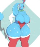 2021 angry anthro azumarill big_breasts black_nose black_tail blue_background blue_body blue_ears blue_eyes blue_tail_tip blush bow_(feature) breasts cel_shading christmas clothing colored cross-popping_vein digital_media_(artwork) dipstick_tail embarrassed female generation_2_pokemon green_bow hand_on_hip hi_res holidays huge_breasts lagomorph legwear leotard leporid lightmizano mammal markings nintendo pattern_background pokemon pokemon_(species) rabbit red_clothing red_inner_ear red_legwear red_leotard red_stockings shaded simple_background snow snowing solo stockings tail tail_markings thick_thighs tight_clothing white_background