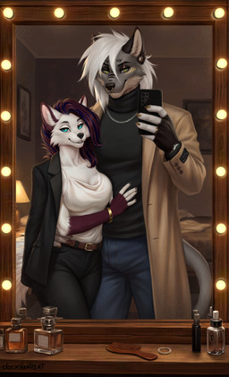 anthro biped bottomwear breasts claws clothed clothed_anthro clothed_female clothed_male clothing duo ear_piercing female fingers front_view fully_clothed fully_clothed_anthro fully_clothed_female fully_clothed_male fur gauged_ear hair inside looking_at_viewer male mirror piercing smile standing tail teeth topwear clockhands canid canine mammal 2026 absurd_res digital_drawing_(artwork) digital_media_(artwork) hi_res