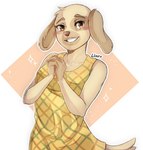 anthro clothed clothing female fully_clothed plaid simple_background solo liiaru animal_crossing nintendo goldie_(animal_crossing) bird_dog canid canine canis domestic_dog golden_retriever hunting_dog mammal retriever