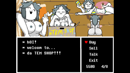 anthro black_bars breasts butt clothed clothing dialogue female genitals gesture group gui hair hand_gesture looking_at_viewer middle_finger nipples nude text vulva white_body undertale undertale_(series) temmie_(undertale) mammal tem 16:9 english_text hi_res pillarbox widescreen