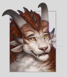 anthro brown_body brown_fur fur horn orange_eyes smile solo spines whiskers white_body white_fur rogueliger guild_wars micca_feralchain charr felid mammal 2023 digital_media_(artwork) headshot_portrait portrait