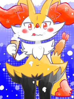 ambiguous_anthro ambiguous_gender anthro belly biped blush blush_stickers dessert dipstick_tail featureless_crotch food food_on_body food_on_face front_view holding_food holding_ice_cream_cone holding_object ice_cream ice_cream_cone licking licking_lips looking_at_viewer looking_down looking_down_at_viewer low-angle_view markings messy_eater navel object_in_tail shrimp_(food) simple_background solo standing tail tail_markings tongue tongue_out wavy_mouth annyui0611 nintendo pokemon braixen canid generation_6_pokemon mammal pokemon_(species) 2024 digital_drawing_(artwork) digital_media_(artwork) hi_res japanese_description portrait three-quarter_portrait translated_description