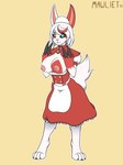 anthro apron areola barefoot big_breasts blue_eyes breasts claws clothing dress feet female fur hair heterochromia highlights_(coloring) looking_at_viewer nipples pink_areola pink_nipples red_clothing red_dress red_eyes red_highlights ribbons simple_background smile solo standing white_apron white_body white_clothing white_fur white_hair mawliet nintendo pokemon generation_3_pokemon pokemon_(species) zangoose 2021 digital_media_(artwork) hi_res