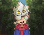 anthro brown_hair clothing covering covering_eyes covering_face duo green_eyes hair hoodie horn male topwear doodlersand bandai_namco digimon digimon_ghost_game hiro_amanokawa digimon_(species) gammamon human mammal 5:4 hi_res