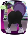 anthro arcade arcade_machine beverage big_butt big_tail bubble_tea bulge bulge_from_behind butt clothing ear_piercing facial_piercing footwear green_eyes grey_clothing grey_leggings grey_legwear hair heart_symbol leggings legwear lip_piercing looking_at_viewer looking_back male multicolored_body multicolored_hair nose_piercing piercing pink_clothing pink_sweater pink_topwear purple_body shoes smile solo sweater tail text tongue tongue_piercing topwear two_tone_body two_tone_hair wide_hips inimus absurd_res english_text hi_res