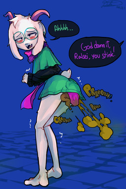 2_horns adolescent anthro barefoot biped black_clothing black_eyebrows black_eyes black_sweater black_topwear blue_background blush brown_fart_cloud brown_text bulge butt clothed clothed_anthro clothed_male clothing crossdressing curved_horn dialogue eyebrows eyewear fart fart_cloud feces feces_bulge feet femboy fingers flesh_fang floppy_ears fur furgonomics glasses green_clothing green_eyewear green_glasses green_robe green_text horn knock-kneed long_sleeves male male_anthro male_farting male_pooping offscreen_character onomatopoeia open_mouth panties pink_tongue plantigrade pooping purple_clothing purple_horn purple_panties purple_scarf purple_text purple_underwear robe round_glasses scarf scut_tail shaking short_tail simple_background snout soiled_panties soiling solo sound_effects standing sweater tail talking_to_another text tongue topwear trembling underwear white_body white_ears white_fur white_tail white_text young young_anthro young_male usagaijin deltarune undertale_(series) ralsei bovid caprine mammal 2021 absurd_res dated english_text handwritten_text hi_res signature