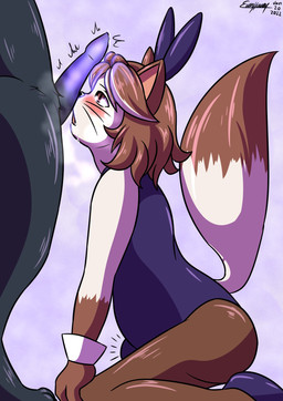 animal_genitalia animal_penis anthro belly black_body black_fur blush bodily_fluids breath brown_markings bunny_costume clothing costume cuffs_(clothing) drooling duo fake_ears feline_genitalia feline_penis femboy fluffy fluffy_tail footwear fur genitals glowing glowing_genitalia glowing_penis half-closed_eyes holding_knee holding_leg humanoid_hands kneeling leotard male male/male markings narrowed_eyes open_mouth overweight overweight_male panting paws penis penis_on_face playboy_bunny purple_background saliva shaking shoes simple_background tail tenting trembling white_body white_fur evan_harrey nekoshinymoon reku_(akubon) domestic_cat felid feline felis hybrid mammal persian_cat hi_res