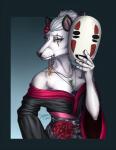 anthro breasts clothed clothing female hair jewelry looking_at_viewer mask necklace scar solo adeloo ghibli spirited_away canid canine mammal