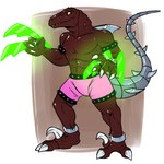 4_fingers abs anthro bottomwear brown_body brown_scales claws clothing cybernetic_limb cybernetic_tail dorsal_fin fin fingers green_body green_tail male mouth_closed muscular muscular_anthro muscular_male pecs pink_bottomwear pink_clothing pupils scales simple_background slit_pupils solo standing tail teeth white_claws imperatorcaesar extreme_dinosaurs haxx dinosaur dromaeosaurid prehistoric_species reptile scalie theropod velociraptor 1:1