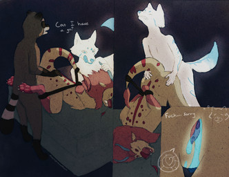 anthro female group male trio mythology canid canine dragon fox mammal mythological_creature mythological_scalie procyonid raccoon scalie hi_res