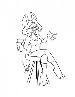3_toes 5_fingers anthro barefoot beverage capri_pants clothing container crossed_legs cup feet female fingers furniture half-closed_eyes holding_object narrowed_eyes open_mouth open_smile shirt sitting smile solo stool tank_top toes topwear jerberjer thebe_and_the_angry_red_eye mallory_(thebe_and_the_angry_red_eye) unknown_species 2026 dated hi_res monochrome signature