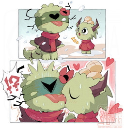 2_panel_comic ambiguous_gender anthro bandage bandage_on_face black_eyes brown_horn clothing duo flower flower_on_head french_kissing green_body heart_symbol horn kissing licking_tongue male plant scarf snow snowflake sweater symbol tail tongue tongue_out topwear gerolism cult_of_the_lamb massive_monster_(studio) amdusias_(cult_of_the_lamb) leshy_(cult_of_the_lamb) bagworm worm 2026 comic