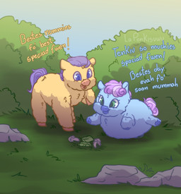baby_talk blue_body blue_fur dialogue duo eyelashes female female_feral feral fungus fur green_eyes hair leaf looking_at_another lying male male_feral mushroom on_front outside pink_hair pink_tail plant pregnant pregnant_female purple_eyes purple_hair purple_tail romantic romantic_couple shrub standing tail text yellow_body yellow_fur young young_feral laponkisuwu fluffy_pony fluffy_pony_(species) mammal 2024 digital_media_(artwork) english_text hi_res intralingual_translation shaded adult_(lore)
