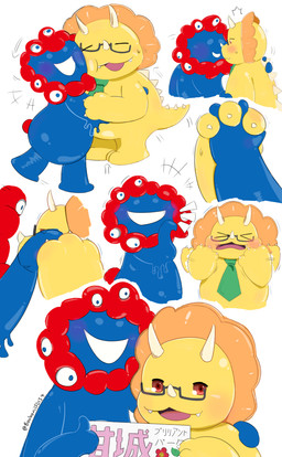 anthro duo male male/male boubaniq amagi_brilliant_park myaku-myaku triken ceratopsian ceratopsid chasmosaurine dinosaur humanoid marginocephalian ornithischian prehistoric_species reptile scalie triceratops absurd_res hi_res