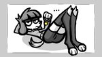 anthro bangs blank_stare bottomwear clothing collar dipstick_tail feet female flat_chested floppy_ears fur grey_bottomwear grey_clothing grey_ears grey_eyelids grey_hair grey_legwear grey_shirt grey_shorts grey_stockings grey_sweater grey_tail_tip grey_topwear hair hotpants legwear lying markings narrow_hips on_back shirt shorts simple_background slim slim_female snout solo spandex spandex_shorts spats stockings sweater tail tail_markings text thigh_highs thin_calves thin_legs tight_bottomwear tight_clothing tight_shorts toeless toes toony topwear unimpressed white_body white_fur somemf fifi_(somemf) canid canine canis domestic_dog mammal poodle 16:9 hi_res widescreen