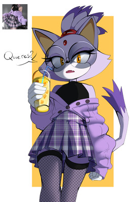 5_fingers anthro beverage black_nose bottomwear cheek_tuft clothing cute_fangs dialogue drinking_straw eyelashes eyewear facial_tuft fangs female fingers fishnet_stockings forehead_gem gem glasses hair holding_beverage holding_object legwear open_mouth orange_eyes pattern_bottomwear pattern_clothing pattern_skirt plaid plaid_bottomwear plaid_clothing plaid_skirt pleated_skirt purple_hair round_glasses shirt short_hair skirt solo standing stockings sweater tank_top teeth text thigh_highs topwear tuft wearing_glasses tobitobi90 sega sonic_the_hedgehog_(series) blaze_the_cat domestic_cat felid feline felis mammal 2026 absurd_res hi_res reference_image spanish_text translated