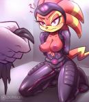 2017 angry anthro areola bodysuit breasts clothed clothing disembodied_hand duo echidna eyelashes female mammal monotreme nipples patreon patreon_logo purple_eyes sallyhot sega shade_the_echidna skinsuit solo_focus sonic_chronicles:_the_dark_brotherhood sonic_the_hedgehog_(series) teamacorn tight_clothing torn_clothing website_logo