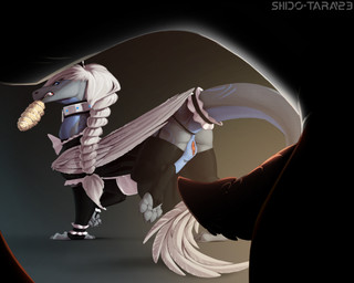 barcode barcode_on_pubis barcode_tattoo blonde_hair blue_body blue_eyes clothing collar duo erection feathered_wings feathers female feral genitals grey_body hair legwear maid_uniform male male/female markings penis presenting pubic_tattoo quadruped shadow simple_background slave standing stockings tail tapering_penis tattoo uniform vulva wings conditional_dnp shido-tara mythology dragon mythological_creature mythological_scalie scalie hi_res