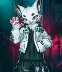 2023 absurd_res anthro blaedic blue_eyes bomber_jacket canid canine cheek_tuft chest_tuft claw_glint claws clothed clothing facial_tuft fangs front_view fully_clothed fur gesture glint glistening glistening_claws hand_in_pocket hi_res inner_ear_fluff jacket machine56 makura_(pixer3575) male male_anthro mammal open_mouth open_smile orange_sclera pawpads pink_claws pink_pawpads pockets portrait smile solo standing teeth three-quarter_portrait topwear tuft waving waving_at_viewer white_body white_clothing white_fur white_jacket white_topwear zipper