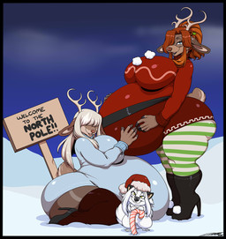 anthro antlers belly big_belly big_breasts big_butt black_border boots border both_pregnant breasts brown_body brown_fur brown_hair butt candy candy_cane christmas_clothing christmas_headwear clothed clothing dessert dress female food footwear fur group hair hat headgear headwear high_heeled_boots high_heels holidays horn huge_belly huge_breasts hyper hyper_belly hyper_pregnancy larger_female legwear looking_at_viewer male multicolored_body multicolored_fur multiple_pregnancies obscured_eyes one_eye_obstructed pregnant pregnant_female santa_hat shoes size_difference smaller_male snow stockings text text_on_sign thick_thighs trio two_tone_body two_tone_fur white_body white_fur white_hair yellow_eyes deonwolf christmas barbara_(alantodne) deon_(deonwolf) hazel_(alantodne) canid canine canis deer mammal new_world_deer reindeer wolf 2022 digital_media_(artwork) english_text hi_res