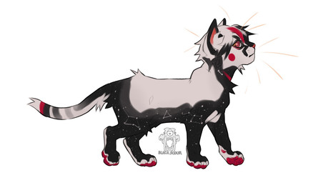 ambiguous_feral ambiguous_gender black_hair feral fur glistening glistening_eyes hair markings mouth_closed multicolored_hair pawpads red_body red_eyes red_fur red_hair red_markings red_nose red_pawpads side_view simple_background solo text white_background white_body white_fur white_hair justkiddinb domestic_cat felid feline felis mammal artist_name hi_res signature