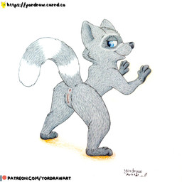 3_toes anus black_nose blue_eyes butt crotch_lines feet female feral fur genitals looking_back pink_anus pink_vulva presenting presenting_anus presenting_hindquarters presenting_vulva raised_tail smile solo spread_legs spreading tail toes vulva yordraw cartoon_hangover doctor_lollipop coco_(doctor_lollipop) mammal procyonid raccoon hi_res traditional_media_(artwork)