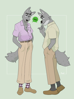 anthro beige_shirt belt black_nose bottomwear candy checkered checkered_clothing checkered_footwear checkered_socks chest_tuft cigarette cigarette_in_mouth clothing dessert dialogue eyebrows fluffy fluffy_tail food footwear fur green_background grey_body grey_fur jewelry legwear loafers lollipop looking_at_viewer male male_anthro mature_anthro mature_male necklace object_in_mouth pants pattern_clothing pattern_footwear pattern_legwear pattern_socks purple_clothing purple_shirt purple_topwear raised_eyebrow shirt simple_background socks solo tail topwear tuft p_rindustries fred_(p_rindustries) canid canine canis mammal wolf 2026 hi_res