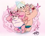 2020 butt clefable clothing curling_tail duo generation_1_pokemon hair hairspray male male/male mostly_nude nintendo personal_grooming pink_body pokemon pokemon_(species) pompadour simple_background slightly_chubby sparkles sparkling_character speedo styling_hair swimwear tail topony white_background wigglytuff wings