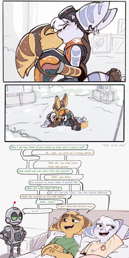 anthro bed bedroom_eyes blush clothed clothed_female clothed_male clothing cybernetic_arm cybernetic_limb dialogue ear_piercing ear_ring eyewear eyewear_on_head female fluffy fluffy_tail fur furniture goggles goggles_on_head group hair hug ill inside kissing machine male male/female markings narrowed_eyes outside piercing pillow ring_(marking) ring_piercing ringed_tail runny_nose seductive snow snowing striped_markings striped_tail stripes tail tail_markings tail_tuft text thin_tail trio tuft white_body white_fur white_hair yellow_body yellow_fur yellow_tail_tuft time_fluffy500 kleenex ratchet_and_clank sony_corporation sony_interactive_entertainment clank_(ratchet_and_clank) ratchet_(ratchet_and_clank) rivet_(ratchet_and_clank) lombax mammal robot absurd_res comic english_text hi_res