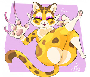 4_fingers anthro big_butt brown_spots butt butt_heart cheek_tuft chest_tuft claws countershading dipstick_tail eyelashes eyeshadow facial_tuft fangs female fingers foreshortening fur long_claws looking_at_viewer makeup markings pawpads purple_background purple_claws purple_eyes purple_eyeshadow simple_background solo spots spotted_body spotted_fur spotted_markings spotted_tail tail tail_markings teeth text thick_thighs tongue tongue_out tuft white_background white_body white_fur wide_hips yellow_body yellow_fur yellow_sclera mrn0b0dy20 kirby_(series) kirby_and_the_forgotten_land nintendo clawroline felid leopard mammal pantherine digital_media_(artwork) full-length_portrait portrait