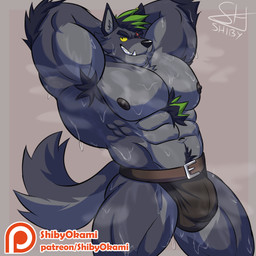 abs anthro armpit_hair barazoku belt big_muscles black_hair black_nipples black_nose bodily_fluids body_hair briefs brown_belt brown_clothing brown_underwear chest_tuft clothing ear_piercing ear_ring eye_scar facial_scar fur gold_(metal) gold_ear_ring green_highlights grey_body grey_fur hair hand_behind_head highlights_(coloring) logo looking_at_viewer male muscular muscular_anthro muscular_male muscular_thighs navel nipples obliques patreon_logo pecs piercing pubes ring_piercing scar smile solo sweat sweaty_body tail text tuft tusks underwear yellow_sclera shibyokami anothereidos_of_dragon_vein_r patreon dickert_(anothereidos_r) canid canine canis mammal wolf 1:1 2025 artist_logo hi_res url