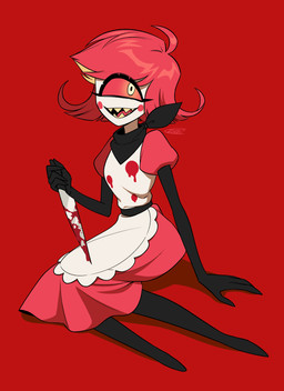 1_eye blood blood_on_clothing blood_on_dress blood_on_knife bodily_fluids clothed clothing dress female knife not_furry red_background sharp_teeth simple_background solo teeth enaic31 hazbin_hotel hellaverse niffty_(hazbin_hotel) cyclops demon demon_humanoid humanoid absurd_res hi_res