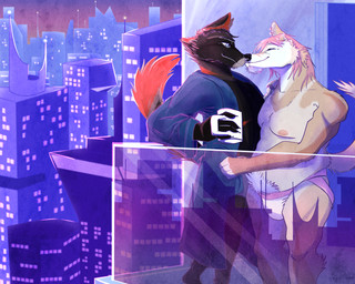 anthro balcony bathrobe beer_belly beverage body_hair bulge city cityscape clothing coffee container cup duo dyed_fur ear_piercing ear_ring fluffy fluffy_tail glass happy_trail hug jockstrap kissing low_light male male/male mug night nipples outside overweight overweight_male piercing purple_light ring_piercing robe scar tail text torn_ear underwear qapricore etienne_lecroix ignatius_"gnarl"_devereaux canid canine corsac_fox cross_fox fox mammal red_fox true_fox 5:4 absurd_res english_text hi_res