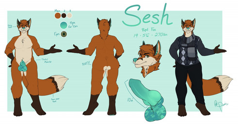 animal_genitalia animal_penis anthro balls biped canine_genitalia canine_penis clothed clothing erection fur genitals hair knot male nude off/on penis sheath slightly_chubby smile solo standing tail text redpixie sesh canid canine fox mammal english_text model_sheet
