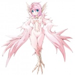 blue_eyes blush breasts cleavage clothed clothing feathered_wings feathers feet female hair jewelry looking_at_viewer monster_girl_(genre) necklace pendant pink_hair pose simple_background smile solo standing talons toes wings frfr european_mythology greek_mythology mythology avian harpy humanoid mythological_avian mythological_creature winged_humanoid pinup