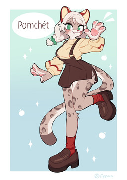 anthro apple apron biped black_claws brown_apron brown_clothing brown_footwear brown_shoes claws closed_smile clothed clothed_anthro clothed_female clothing fangs female food footwear fruit fur green_eyes green_hair_tie long_tail markings mouth_closed name_drop pawpads paws pink_pawpads plant pose raised_leg red_clothing red_ears red_footwear red_nose red_socks shoes simple_background smile socks solo sparkles spots spotted_body spotted_fur sweater tail tan_inner_ear teeth topwear wave yellow_clothing yellow_sweater yellow_topwear appoco pomchet_(appoco) felid mammal pantherine snow_leopard 2026 colored digital_drawing_(artwork) digital_media_(artwork) hi_res
