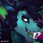 anthro big_fangs blue_body blue_eyebrows blue_fur blue_hair blue_nose eyebrows fangs fur glistening glistening_eyes green_body green_eyes green_fur green_tongue hair male open_mouth solo teeth tongue lionfloof canid mammal 1:1 hi_res signature