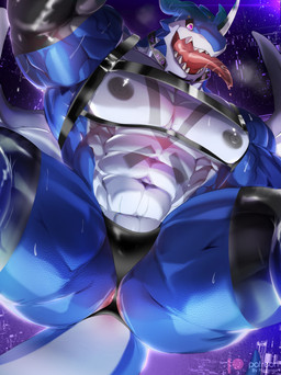 abs anthro anus barazoku biceps blue_body clothing corruption male muscular muscular_anthro muscular_male nipples pecs solo tongue tongue_out underwear vein veiny_muscles magangz bandai_namco digimon digimon_(species) exveemon absurd_res hi_res