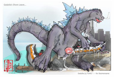 aroused balls bodily_fluids city cityscape cum destruction destruction_of_property feral genital_fluids genitals macro male orgasm penis pier sex_with_ship ship solo vehicle watercraft fennec_(artist) godzilla_(series) toho godzilla kaiju