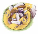 10_limbs 8_legs ambiguous_gender big_feet curled_up feet fur limbs long_body looking_at_viewer multi_leg multi_limb multifur solo taurification taurified yellow_body yellow_fur agropuer bandai_namco digimon canid canid_taur canine canine_taur digimon_(species) digimon_taur long_taur mammal mammal_taur renamon taur