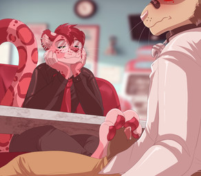 4_toes animal_genitalia animal_penis anthro anthro_on_anthro bell bell_collar blue_highlights blurred_foreground blush bodily_fluids bottomwear canine_genitalia canine_penis clothing collar duo ear_piercing ear_ring eyewear feet foot_fetish foot_play footjob fur furniture genital_fluids genitals glasses hair highlights_(coloring) inner_ear_fluff inside male male/male markings pants pawpads penile penis penis_tip piercing pink_body pink_fur pink_penis precum red_pawpads restaurant ring_piercing round_glasses sex sheath shirt shorts spots spotted_body table tail teasing toes topwear tuft whiskers lawkie felid lagomorph leporid mammal pantherine rabbit snow_leopard 2025 colored digital_drawing_(artwork) digital_media_(artwork) hi_res shaded