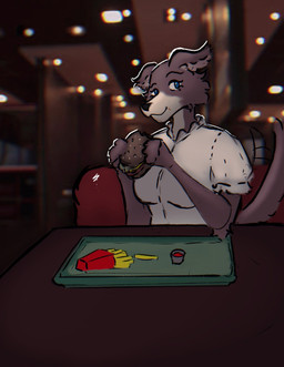 anthro blue_eyes brown_body brown_fur burger date eating eating_food fast_food fast_food_restaurant female food fries fur holding_food holding_object ketchup looking_at_viewer restaurant smile smiling_at_viewer solo moscoviumdraws beastars juno_(beastars) canid canine canis mammal wolf hi_res