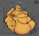 3_toes absurd_res alphys anthro belly belly_overhang beverage big_belly bin blush bowl brown_nipples cellulite chart cola container english_text eyewear feeding_tube feet female glasses glistening glistening_body happy hi_res love_handles medical_instrument morbidly_obese morbidly_obese_anthro morbidly_obese_female motion_lines nipples non-mammal_nipples obese obese_anthro obese_female overweight overweight_anthro overweight_female pyne_(artist) scales scalie scientific_instrument soda solo swallowing text thick_thighs toes tube undertale_(series) vat weight_gain wobble yellow_body yellow_scales