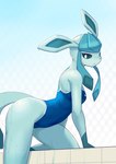 all_fours anthro anthrofied arched_back biped blue_body breasts clothed clothing female highleg looking_at_viewer navel_outline one-piece_swimsuit pokemorph pool pupils slim small_breasts solo sport_swimsuit swimwear thick_thighs wet wet_body treyer nintendo pokemon eeveelution generation_4_pokemon glaceon pokemon_(species) 2024 absurd_res digital_media_(artwork) hi_res