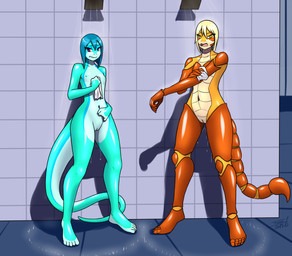andromorph anthro blonde_hair blue_hair changeroom detailed_background duo female flat_chested genitals green_body gucciboi hair inside intersex nipples non-mammal_hair non-mammal_nipples non-mammal_vulva orange_body purple_eyes shower vulva washcloth wet yellow_eyes furball erayi_(fox_xd) jordan_(furball) arachnid arthropod gecko lizard reptile scalie scorpion 2026