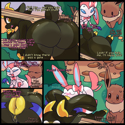 anal anthro anus balls big_balls big_breasts big_butt blush blush_lines bodily_fluids breasts brown_body brown_fur butt dialogue fangs female female_penetrated feral foreplay forest forest_background from_behind_position front_view fur genitals group intersex intersex/male looking_pleasured male male/female male_penetrating male_penetrating_female male_rimming_female nature nature_background nude onomatopoeia open_mouth oral penetration plant presenting presenting_hindquarters puffy_anus rimming sex short_stack smile sound_effects stuck_in_fence sunset sweat sweatdrop tail tail_motion tailwag teeth text thick_thighs tree trio vulva snappy_snaz nintendo pokemon honeypop eevee eeveelution generation_1_pokemon generation_6_pokemon pokemon_(species) sylveon 1:1 2025 colored comic digital_drawing_(artwork) digital_media_(artwork) digital_painting_(artwork) english_text hi_res painting_(artwork) shaded signature trans_(lore) trans_woman_(lore)