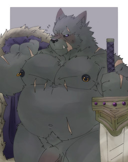 anthro belly big_belly blush genitals humanoid_hands kemono male melee_weapon moobs musclegut muscular muscular_anthro muscular_male nipples overweight overweight_anthro overweight_male penis scar solo sword weapon dragon_night800 elden_ring fromsoftware blaidd_(elden_ring) canid canine canis mammal wolf 2022 hi_res